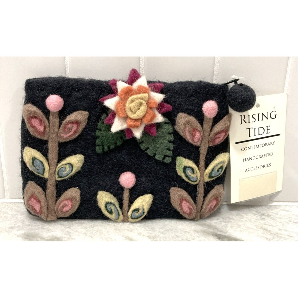 Rising Tide Made in Nepal 100% Wool Floral Boho Clutch Bag Purse Cosmetic Bag